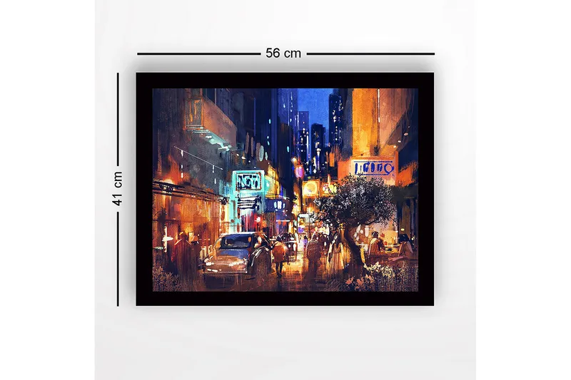Inramad Canvastavla i trä - 41x56 cm - Livlig stadsbild med nattlig atmosfär och människor i rörelse - Mörkblå / Orange / Vit - Inredning - Tavlor & konst