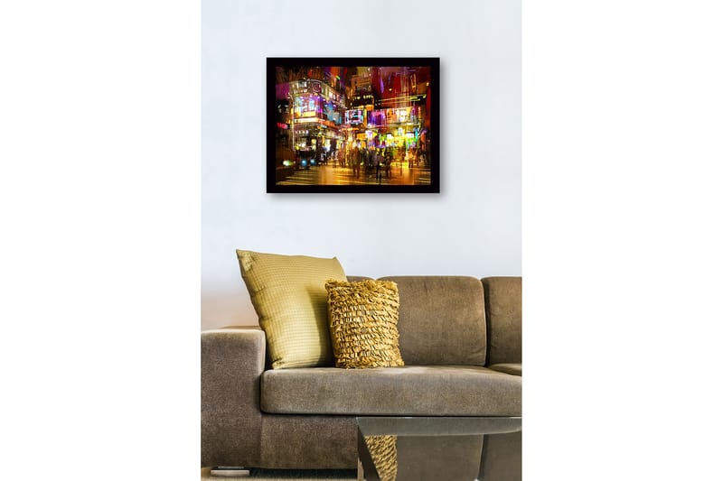 Inramad Canvastavla i trä - 41x56 cm - Livlig stadsscen med neonljus och människor i rörelse - Lila / Gult / Orange - Inredning - Tavlor & konst