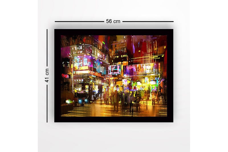 Inramad Canvastavla i trä - 41x56 cm - Livlig stadsscen med neonljus och människor i rörelse - Lila / Gult / Orange - Inredning - Tavlor & konst