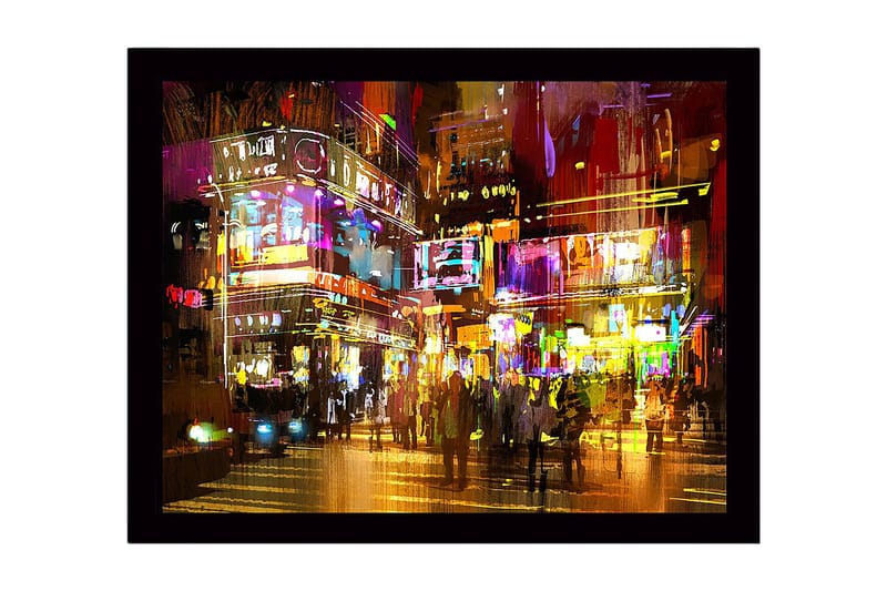 Inramad Canvastavla i trä - 41x56 cm - Livlig stadsscen med neonljus och människor i rörelse, Lila / Gult / Orange