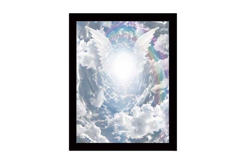 Inramad Canvastavla i trä - 41x56 cm - Ljusa änglavingar som sträcker sig mot en strålande ljuskälla i en dramatisk himmel, Vit / Ljusblå / Grå