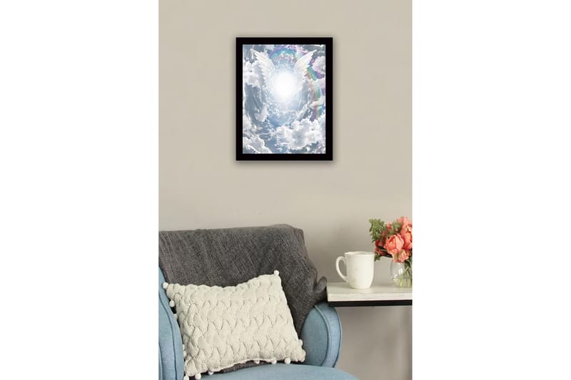 Inramad Canvastavla i trä - 41x56 cm - Ljusa änglavingar som sträcker sig mot en strålande ljuskälla i en dramatisk himmel - Vit / Ljusblå / Grå - Inredning - Tavlor & konst