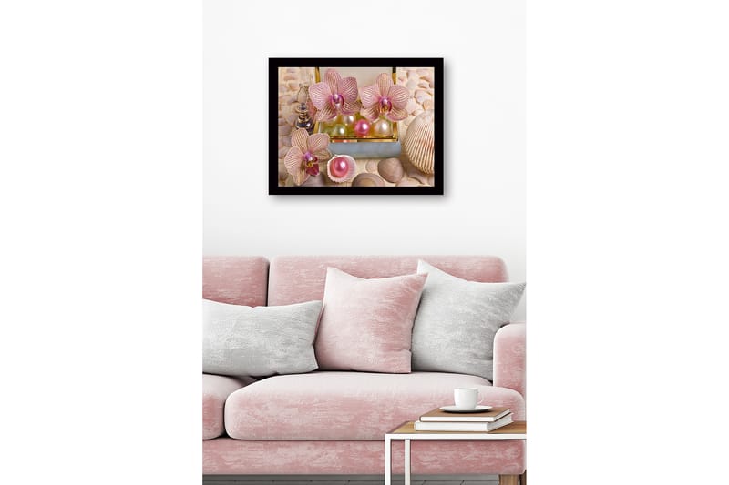 Inramad Canvastavla i trä - 41x56 cm - Ljuvliga orkidéer omgivna av pärlor och snäckor - Ljusrosa / Grön / Pärlvit - Inredning - Tavlor & konst