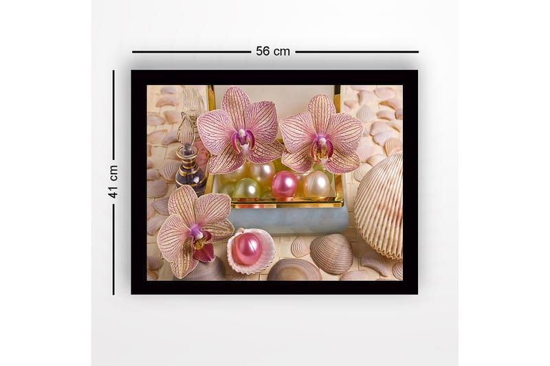 Inramad Canvastavla i trä - 41x56 cm - Ljuvliga orkidéer omgivna av pärlor och snäckor - Ljusrosa / Grön / Pärlvit - Inredning - Tavlor & konst