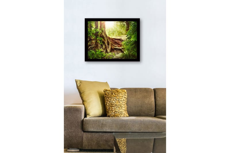 Inramad Canvastavla i trä - 41x56 cm - Lummig skog med en stor trädrot och solstrålar som sipprar genom lövverket - Grön / Brun / Gul - Inredning - Tavlor & konst