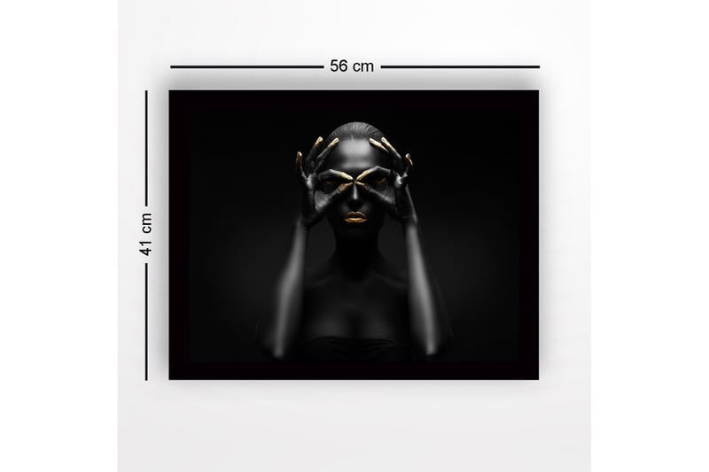 Inramad Canvastavla i trä - 41x56 cm - Mörk silhuett av en kvinna med guldiga detaljer som formar en mask - Svart / Guld - Inredning - Tavlor & konst
