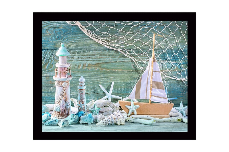 Inramad Canvastavla i trä - 41x56 cm - Maritim scen med segelbåt och fyrar, Turkos / Vit / Beige