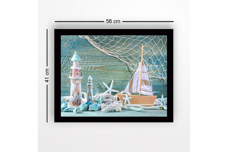 Inramad Canvastavla i trä - 41x56 cm - Maritim scen med segelbåt och fyrar - Turkos / Vit / Beige - Inredning - Tavlor & konst