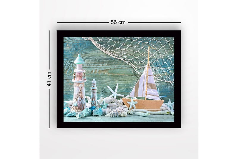 Inramad Canvastavla i trä - 41x56 cm - Maritim scen med segelbåt och fyrar - Turkos / Vit / Beige - Inredning - Tavlor & konst