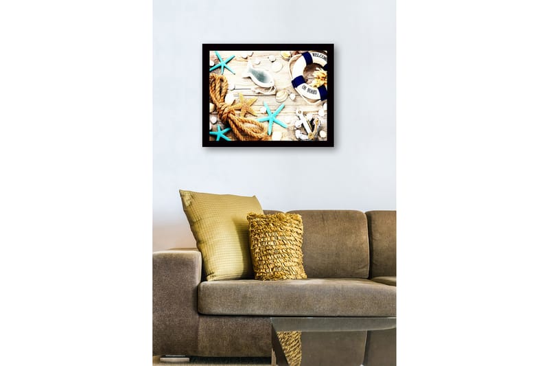 Inramad Canvastavla i trä - 41x56 cm - Maritim stillhet med snäckor, stjärnor och en livboj - Blå / Beige / Orange - Inredning - Tavlor & konst