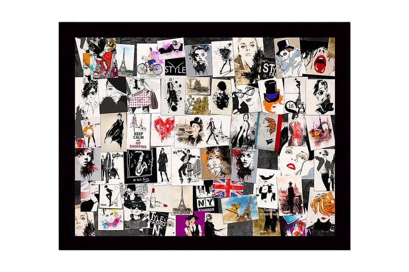 Inramad Canvastavla i trä - 41x56 cm - Modeinspirerade collage med stiliga silhuetter och ikoniska landmärken - Svart / Röd / Beige - Inredning - Tavlor & konst