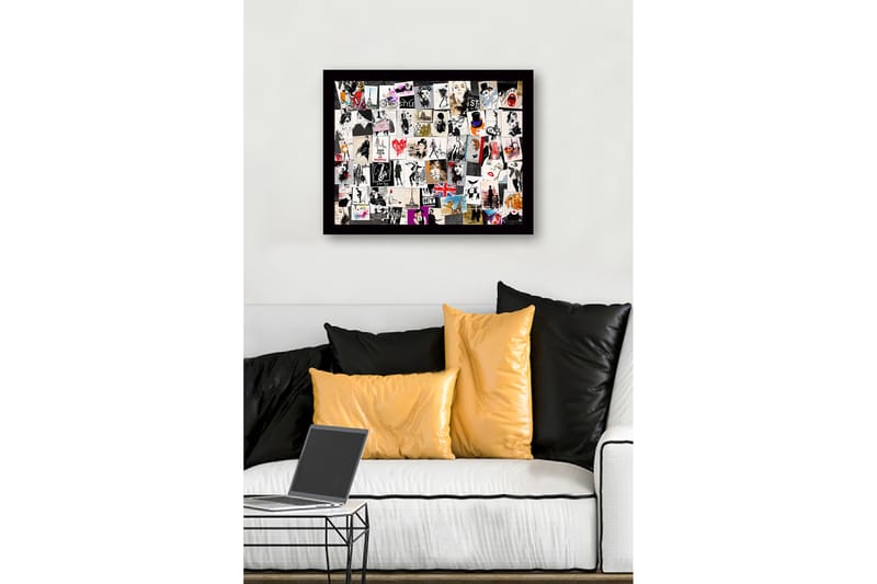 Inramad Canvastavla i trä - 41x56 cm - Modeinspirerade collage med stiliga silhuetter och ikoniska landmärken - Svart / Röd / Beige - Inredning - Tavlor & konst