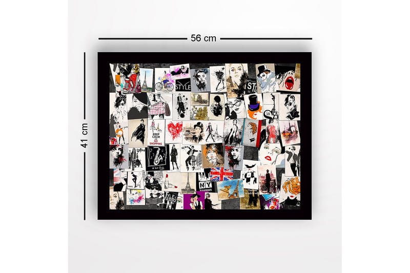 Inramad Canvastavla i trä - 41x56 cm - Modeinspirerade collage med stiliga silhuetter och ikoniska landmärken - Svart / Röd / Beige - Inredning - Tavlor & konst