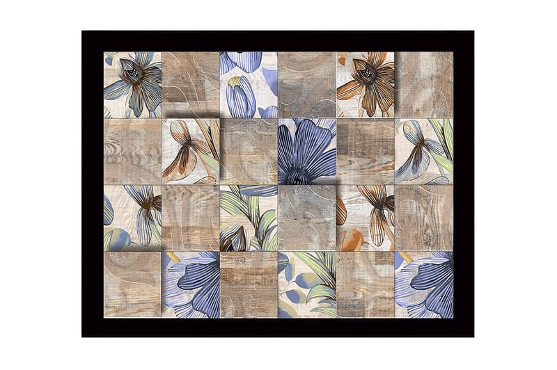 Inramad Canvastavla i trä - 41x56 cm - Mosaik av blommor i olika färger och former, Beige / Blå / Brun