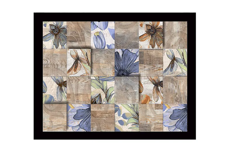 Inramad Canvastavla i trä - 41x56 cm - Mosaik av blommor i olika färger och former - Beige / Blå / Brun - Inredning - Tavlor & konst