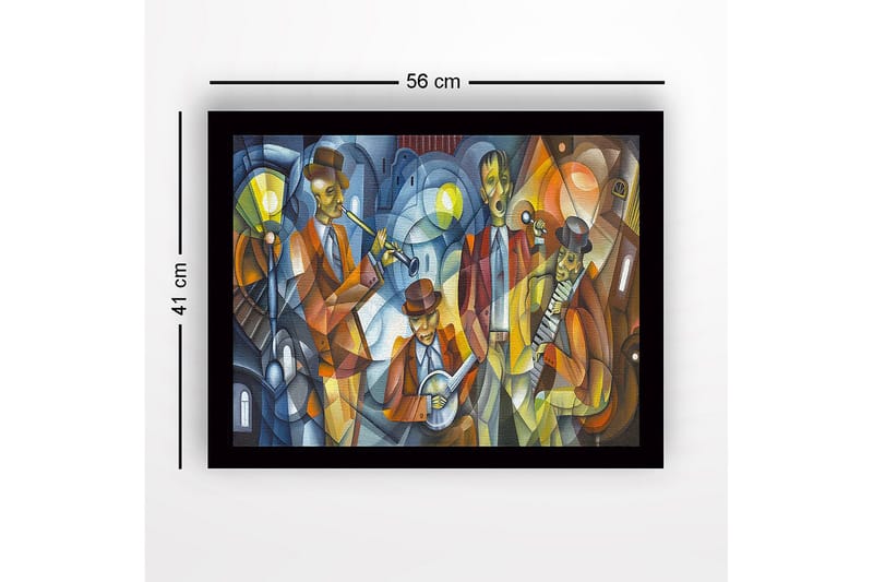 Inramad Canvastavla i trä - 41x56 cm - Musikaliskt framträdande med fyra musiker i färgglada kläder - Mörkblå / Orange / Gul - Inredning - Tavlor & konst