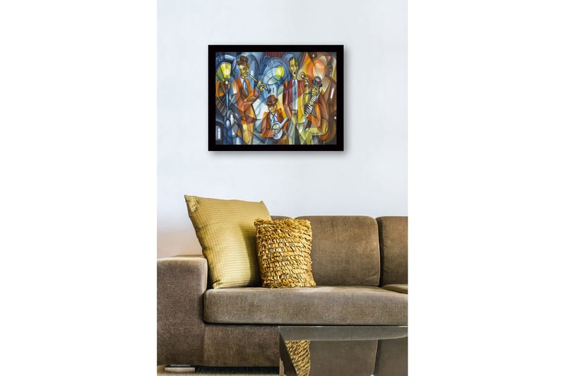 Inramad Canvastavla i trä - 41x56 cm - Musikaliskt framträdande med fyra musiker i färgglada kläder - Mörkblå / Orange / Gul - Inredning - Tavlor & konst