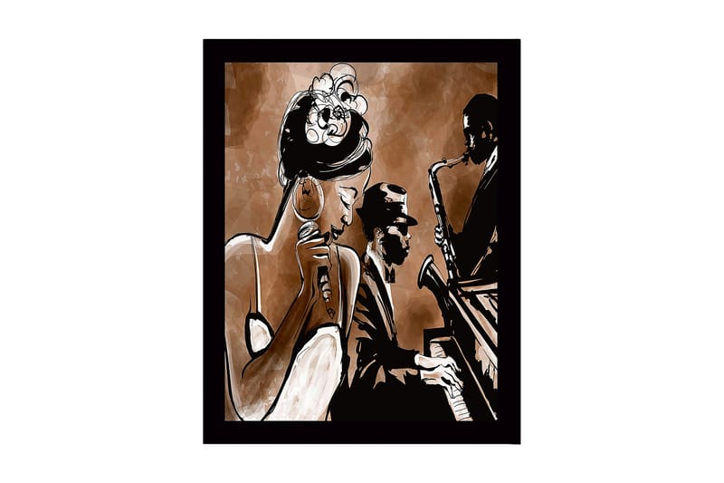 Inramad Canvastavla i trä - 41x56 cm - Musikaliskt framträdande med sångerska och musiker - Mörkbrun / Beige / Svart - Inredning - Tavlor & konst