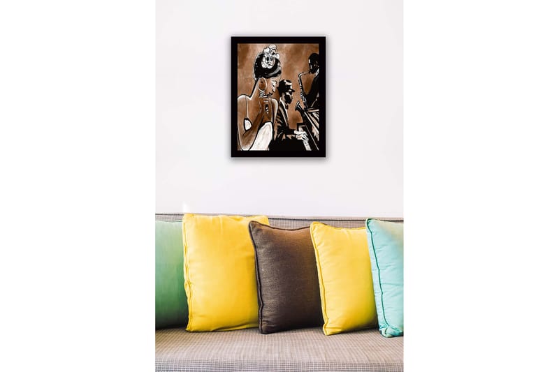 Inramad Canvastavla i trä - 41x56 cm - Musikaliskt framträdande med sångerska och musiker - Mörkbrun / Beige / Svart - Inredning - Tavlor & konst
