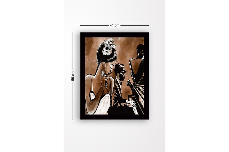 Inramad Canvastavla i trä - 41x56 cm - Musikaliskt framträdande med sångerska och musiker - Mörkbrun / Beige / Svart - Inredning - Tavlor & konst