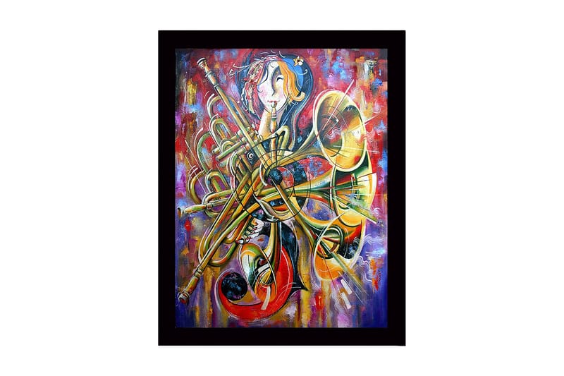 Inramad Canvastavla i trä - 41x56 cm - Musikaliskt uttryck med instrument och abstrakta former, Guld / Röd / Blå