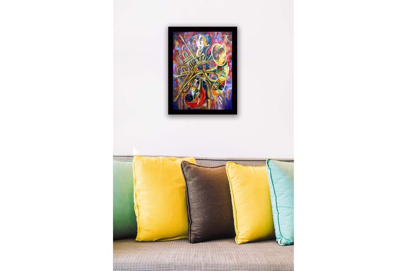 Inramad Canvastavla i trä - 41x56 cm - Musikaliskt uttryck med instrument och abstrakta former - Guld / Röd / Blå - Inredning - Tavlor & konst