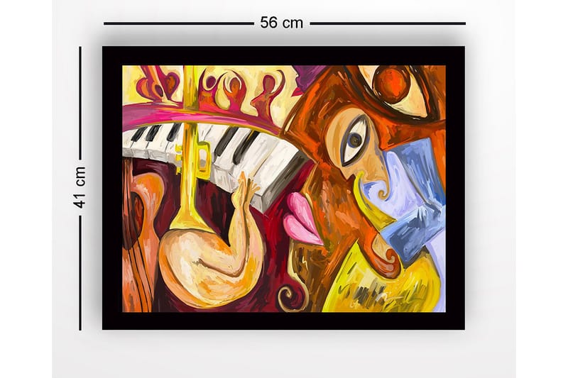 Inramad Canvastavla i trä - 41x56 cm - Musikaliskt uttryck med instrument och ansikten - Gul / Röd / Brun - Inredning - Tavlor & konst