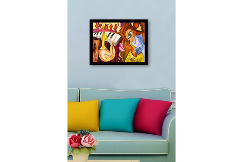 Inramad Canvastavla i trä - 41x56 cm - Musikaliskt uttryck med instrument och ansikten - Gul / Röd / Brun - Inredning - Tavlor & konst