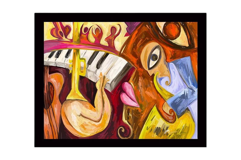 Inramad Canvastavla i trä - 41x56 cm - Musikaliskt uttryck med instrument och ansikten, Gul / Röd / Brun