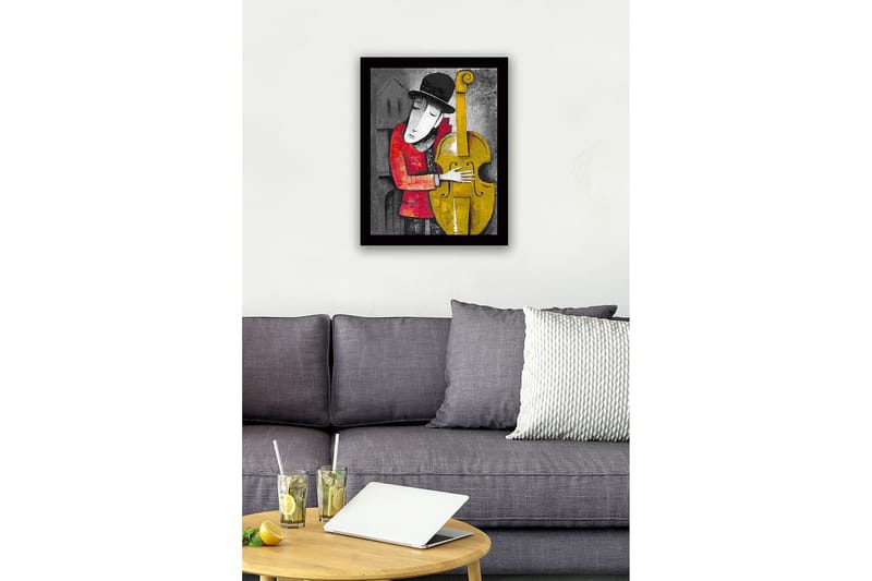 Inramad Canvastavla i trä - 41x56 cm - Musiker som omfamnar en kontrabas - Gul / Röd / Grå - Inredning - Tavlor & konst
