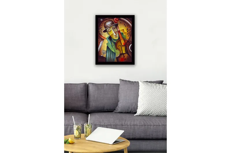 Inramad Canvastavla i trä - 41x56 cm - Musiker som spelar fiol med en drömmande uttryck - Guld / Grön / Brun - Inredning - Tavlor & konst