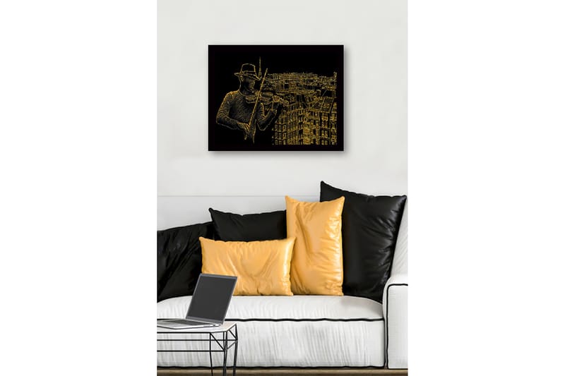 Inramad Canvastavla i trä - 41x56 cm - Musiker som spelar fiol med en stadssilhuett i bakgrunden - Guld / Svart - Inredning - Tavlor & konst