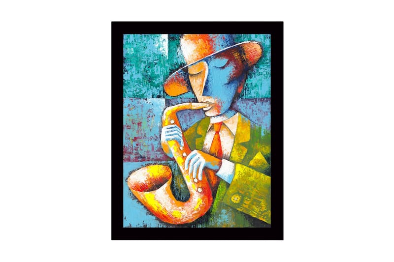 Inramad Canvastavla i trä - 41x56 cm - Musiker som spelar saxofon med en färgglad och uttrycksfull stil - Gul / Grön / Blå - Inredning - Tavlor & konst