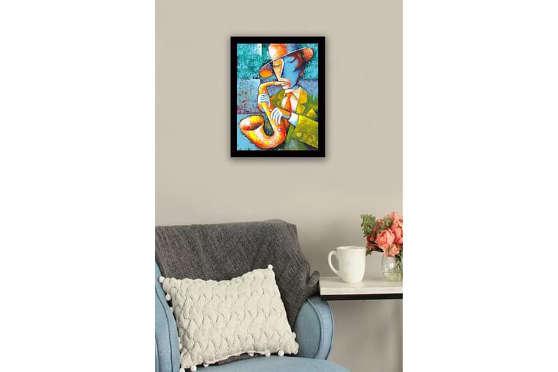 Inramad Canvastavla i trä - 41x56 cm - Musiker som spelar saxofon med en färgglad och uttrycksfull stil - Gul / Grön / Blå - Inredning - Tavlor & konst