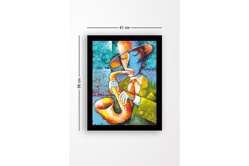Inramad Canvastavla i trä - 41x56 cm - Musiker som spelar saxofon med en färgglad och uttrycksfull stil - Gul / Grön / Blå - Inredning - Tavlor & konst