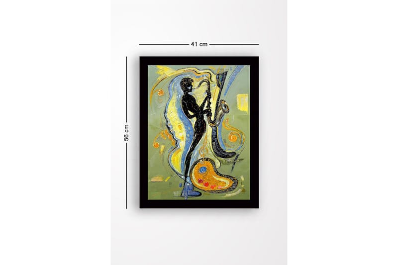 Inramad Canvastavla i trä - 41x56 cm - Musiker som spelar saxofon med färgstarka svängningar runtomkring - Svart / Gult / Blått - Inredning - Tavlor & konst