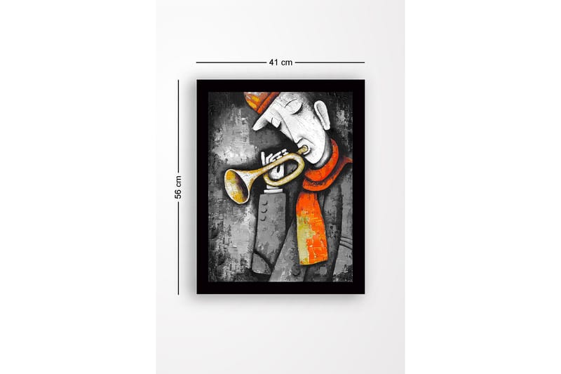 Inramad Canvastavla i trä - 41x56 cm - Musiker som spelar trumpet med en röd scarf - Grå / Orange / Gul - Inredning - Tavlor & konst