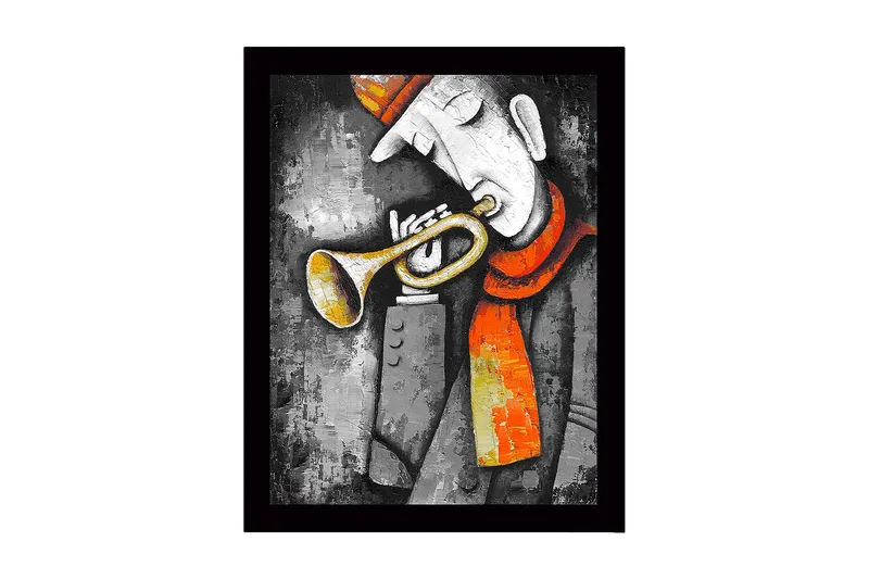 Inramad Canvastavla i trä - 41x56 cm - Musiker som spelar trumpet med en röd scarf, Grå / Orange / Gul