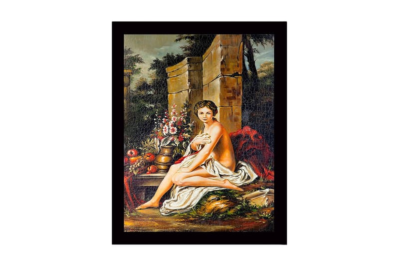Inramad Canvastavla i trä - 41x56 cm - Naken kvinna sittande med blommor och frukter i en naturskön miljö - Hudton / Grön / Röd - Inredning - Tavlor & konst