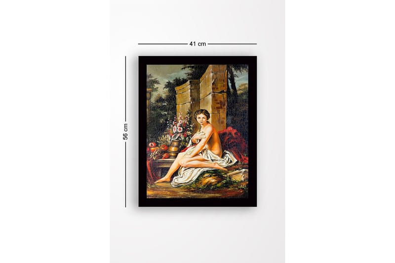 Inramad Canvastavla i trä - 41x56 cm - Naken kvinna sittande med blommor och frukter i en naturskön miljö - Hudton / Grön / Röd - Inredning - Tavlor & konst