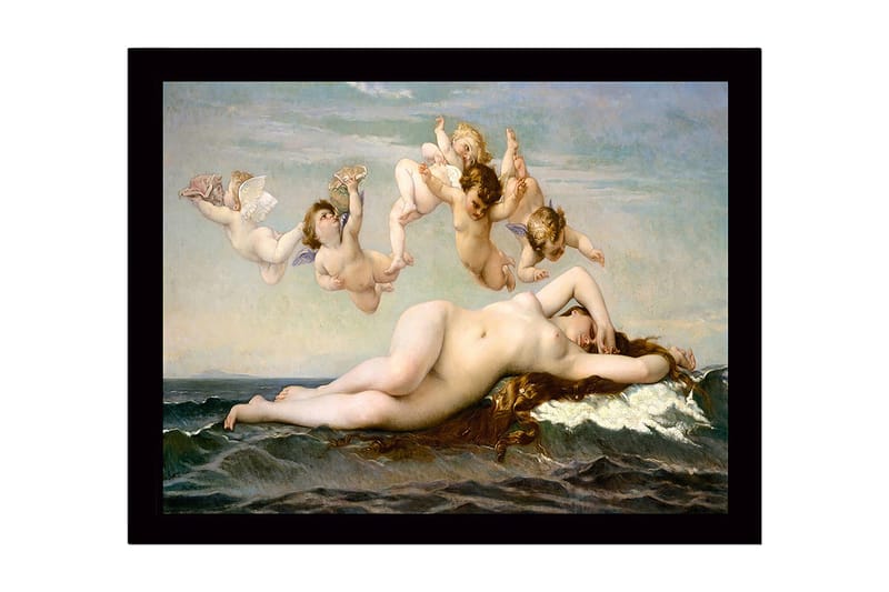 Inramad Canvastavla i trä - 41x56 cm - Naken kvinna som vilar på havets vågor omgiven av änglar - Hudton / Himmelsblå / Havsgrön - Inredning - Tavlor & konst