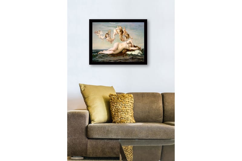 Inramad Canvastavla i trä - 41x56 cm - Naken kvinna som vilar på havets vågor omgiven av änglar - Hudton / Himmelsblå / Havsgrön - Inredning - Tavlor & konst