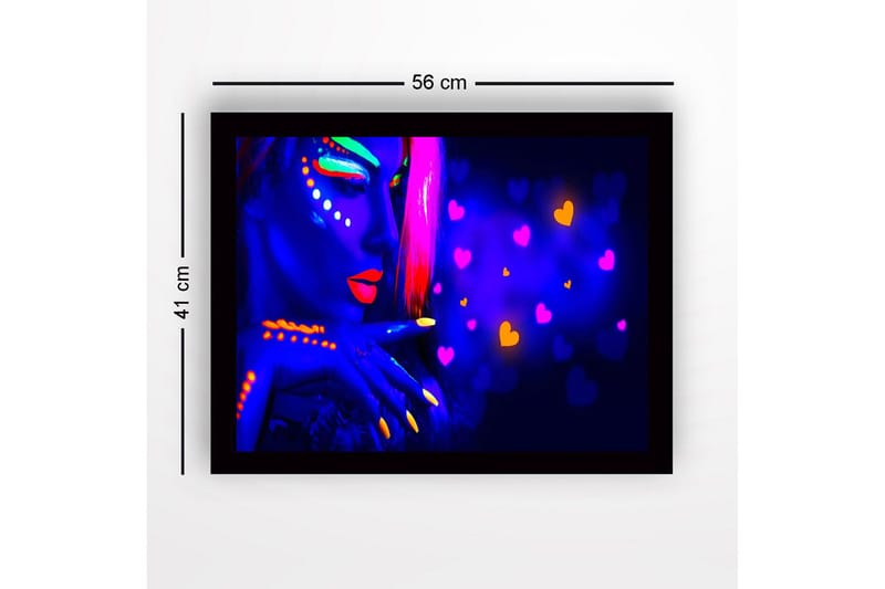 Inramad Canvastavla i trä - 41x56 cm - Neonfärgad porträtt av en kvinna med starka ansiktsmålningar - Blå / Neonorange / Rosa - Inredning - Tavlor & konst