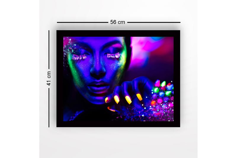 Inramad Canvastavla i trä - 41x56 cm - Neonfärgad porträtt av en kvinna med glittrande detaljer - Lila / Grön / Gul - Inredning - Tavlor & konst