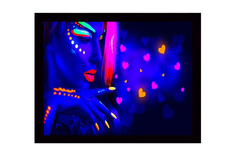 Inramad Canvastavla i trä - 41x56 cm - Neonfärgad porträtt av en kvinna med starka ansiktsmålningar, Blå / Neonorange / Rosa