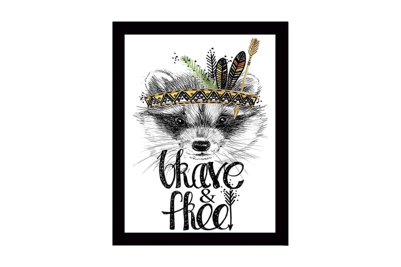 Inramad Canvastavla i trä - 41x56 cm - Räv med fjädrar och en dekorativ huvudbonad - Svart / Guld / Vit - Inredning - Tavlor & konst