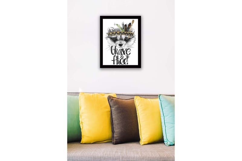 Inramad Canvastavla i trä - 41x56 cm - Räv med fjädrar och en dekorativ huvudbonad - Svart / Guld / Vit - Inredning - Tavlor & konst