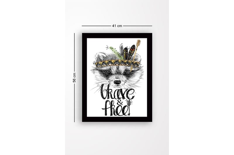 Inramad Canvastavla i trä - 41x56 cm - Räv med fjädrar och en dekorativ huvudbonad - Svart / Guld / Vit - Inredning - Tavlor & konst