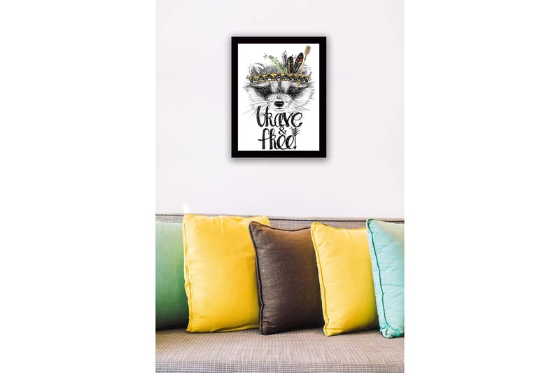 Inramad Canvastavla i trä - 41x56 cm - Räv med fjädrar och en dekorativ huvudbonad - Svart / Guld / Vit - Inredning - Tavlor & konst