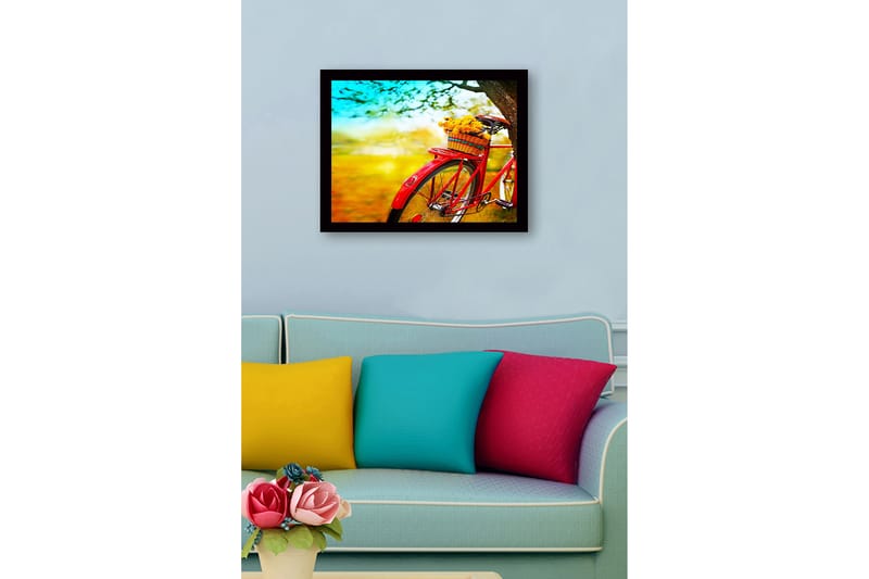 Inramad Canvastavla i trä - 41x56 cm - Röd cykel med en korg fylld av blommor - Röd / Gul / Grön - Inredning - Tavlor & konst